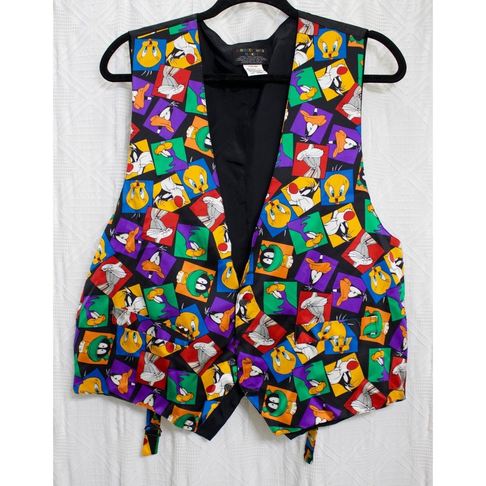 Vintage Looney Tunes Mania Black Vest Characters Bugs Daffy 1993 100%‎ Silk S/M